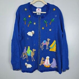 Quaker Factory Storyblock Cardigan Blue Nativity Scene Ugly Christmas Sweater